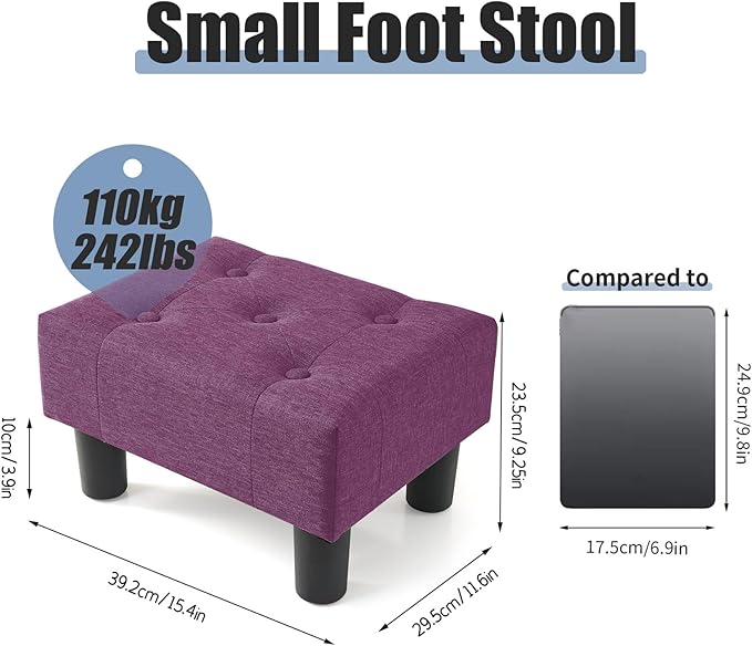 BRIAN & DANY Small Foot Stool, Linen Foot Stools with Legs, Stable Small Footstool for Living Room, Purple