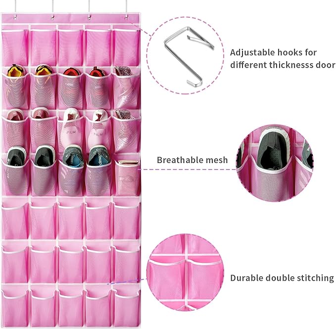 35 Pockets Over the Door Shoe Organizer, Hanging Shoe Organizer for Door with 35 Mesh Pockets Large Capacity Shoe Hanging Storage Bag with 4 Metal Hooks (Pink-1Pack)