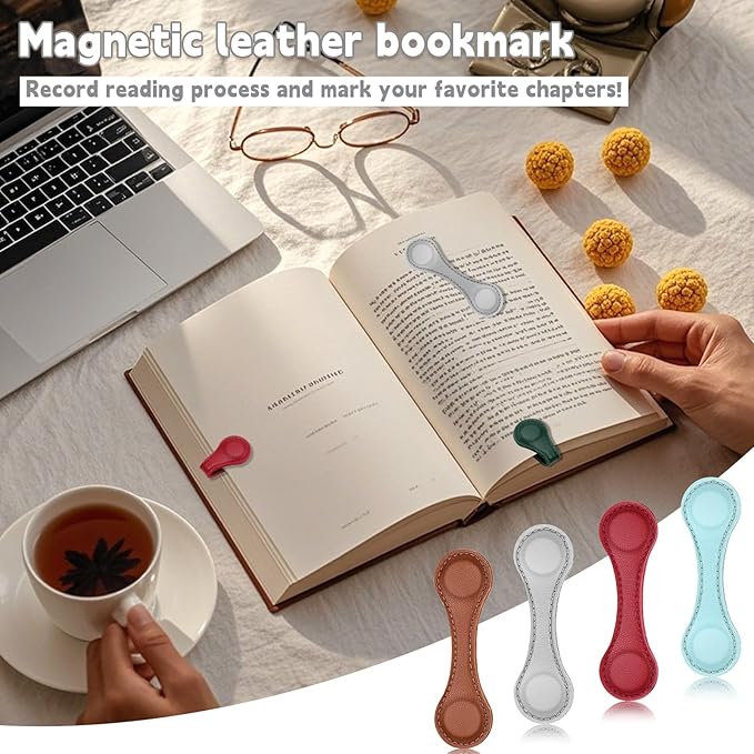 WONVOC 4 PCS Magnetic Bookmarks, Leather Magnetic Bookmarks for Women Men, Double-Sided Magnetic Book Mark Clip for Book Lovers Readers Teachers Students
