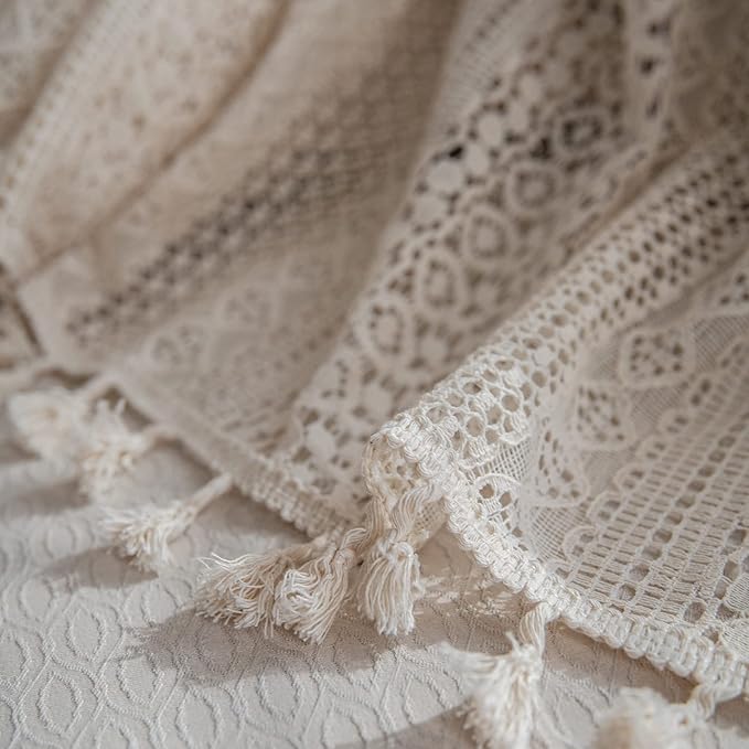 JOOJA 2 Panels Beige Lace Sheer Boho Lace Curtains with Crochet Semi Sheer Vintage Drapes for Living Room Bedroom, Farmhouse, Bohemian Style Modern (Crochet Beige, 59x96)