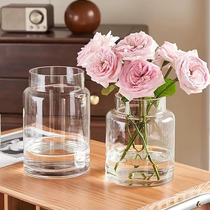 Large Glass Vase, 7 Inch Flower Vase, Glass Flower Vase for Bouquet, Clear Vase, Tall Vase, Wide Mouth Vase for Flowers, Large Vase for Home, Wedding, Living Room, Office Decor