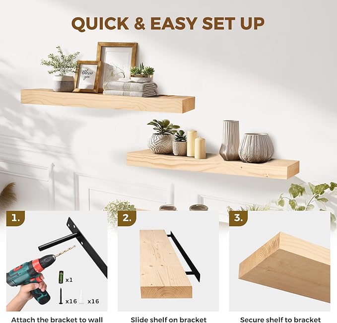 36x8x1.6 inch Floating Shelves Set of 2 – Solid Wood Rustic Wood Wall Mounted Shelf for Kitchen, Bathroom, Living Room