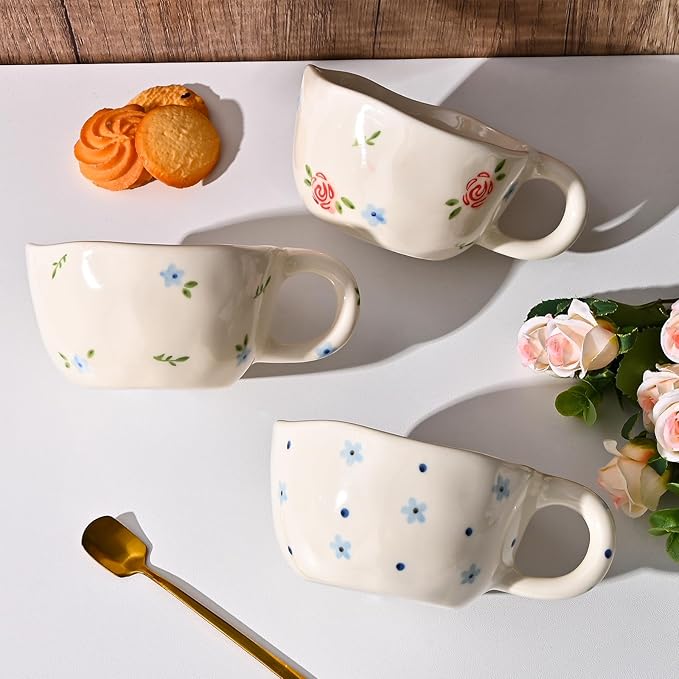 Koythin Ceramic Coffee Mug, Handmade Hot Chocolate Mugs, Cute Cup for Girl Women, Aesthetic Tea Milk Cup with Handle, 8.5 oz/250 ml for Latte, Cocoa, Office, Home (Cherry Flower)