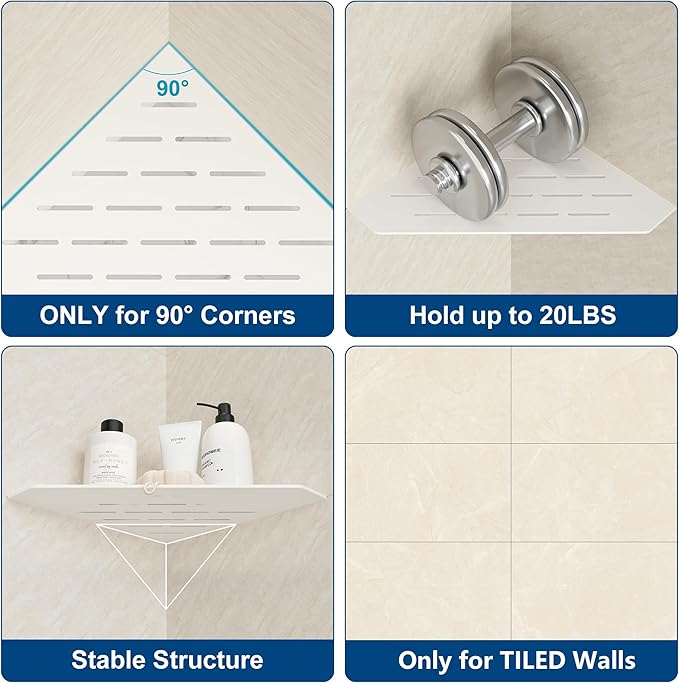 10 in White Corner Shelf, Floating Corner Shelf for Tile Wall, Tile Shower Shelf, 304 Stainless Steel Wall Storage Shelves for Bathroom, No Drilling