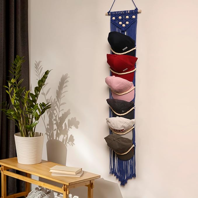 Ball Cap Hanger-1 Pack-Boho Macrame Cap Holder Wall Hat Organizer for Baseball Cap Holder Over Door, Hat Rack for Wall, Cap Rack for Decoration and Display(Blue)