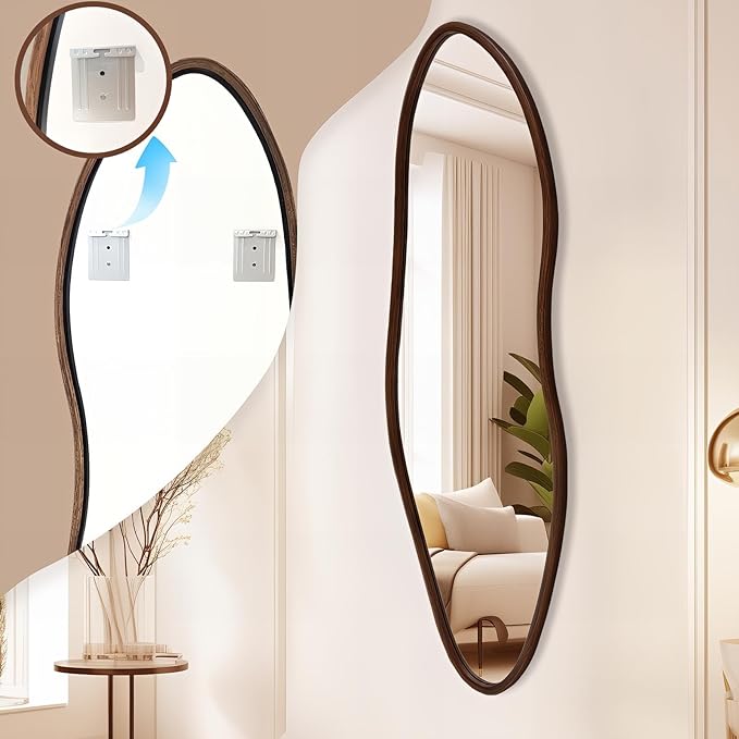Irregular Full Length Mirror, 65"x22" Wooden Farmhouse Full Body Mirror, Large Asymmetrical Wall Mirror, Decorative Wall Mounted Mirrors for Living Room Entryway, Horizontal/Vertical, Walnut