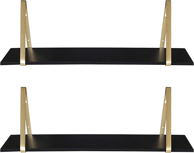Kate and Laurel Soloman Black Wooden Shelves with Gold Metal Brackets, 2 Piece Set