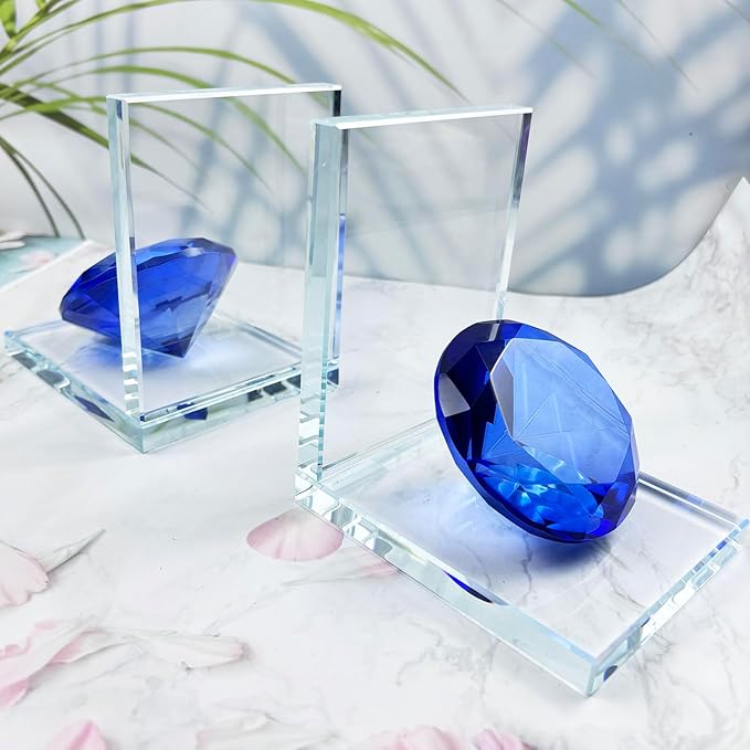 Crystal Bookends Decorative Glass Book Holders Heavy Duty Book Ends with Diamond for Shelf Decor Unique Book Stopper Blue