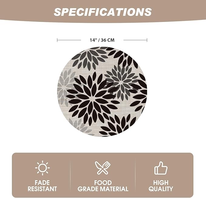 Artoid Mode Black Dahlia Plastic Round Placemats Set of 4, 14 Inch Seasonal Wipeable Woven Vinyl Table Mats for Farmhouse Party Kitchen Dining Decor