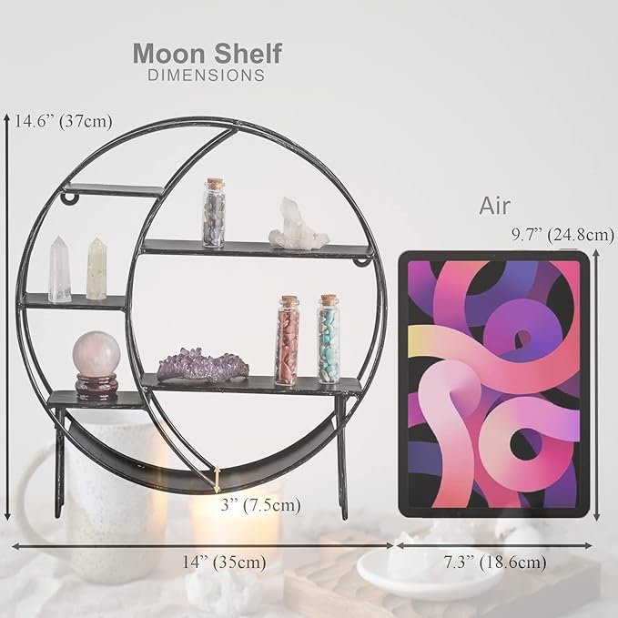 Moon Shelf for Crystals - Circle Shelf Wall Decor for Wall and Countertop - Crystal Shelf Display for Stones, Essential Oil, Pendulum - Boho Hanging Moon Shelves (Retro Black)