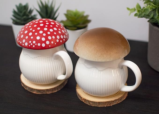 Mushroom Mug with Lid Stoneware Coffee Cup with Decorative Gift Box (Brown), Cottagecore Aesthetics