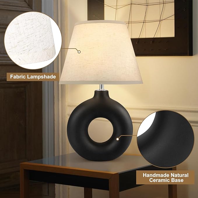 Black Ceramic Table Lamp for Living Room Bedroom, 21" Modern Bedside Lamps with 3 Color Temperature Farmhouse Rustic Table Lights for Night Stands, Dorm, Office, Home Décor (Bulb Included)