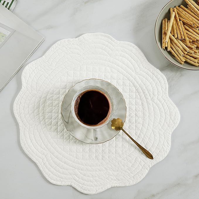 HOMBYS Quilted Placemats Set of 6 Washable Round Placemats for Kitchen Table-100% Cotton Fabric 15 Inch Round Table Mats, Cotton Fabric with Microfiber Filling, (15"x15", Cream White)