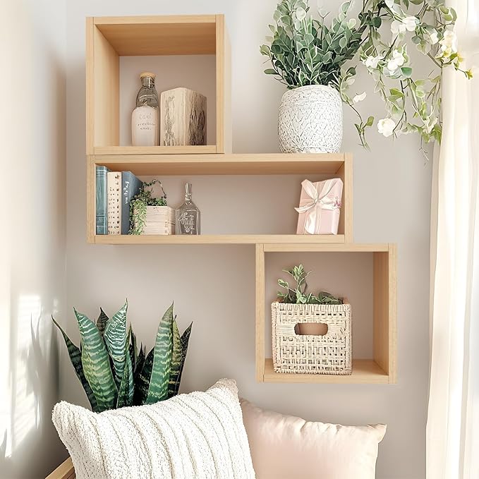 Kaboon Cube Floating Shelves Set2, Display Shelves Wall Mount 7.75" D x 12.5" W x 12.5" H, (Light Walnut, Square 2 Cubes)