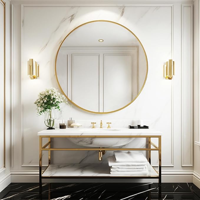 Gold Round Mirror 30 inch, Large Circle Mirror, Round Wall Mirror Metal Frame, Gold Circle Mirrors for Wall, Bathroom, Living Room, Hallway.