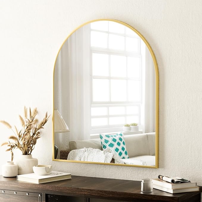 Arched Bathroom Mirror, 32x34 Inch - Wall Mounted Vanity Mirror with Aluminum Alloy Frame - Ideal for Living Room, Bedroom, Bathroom, and Entryway, Hanging or Leaning, Gold