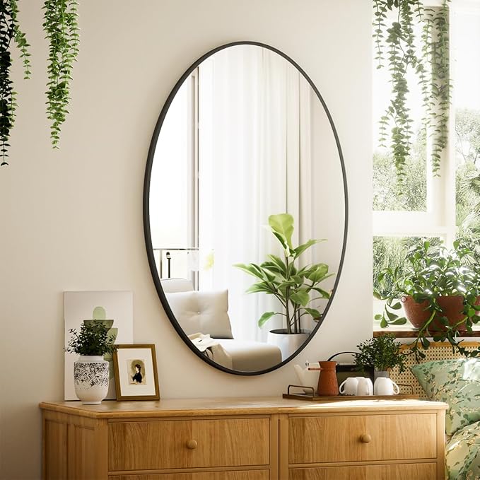 Black Oval Bathroom Mirror, 26 x 38 inch Modern Oval Wall Mounted Vanity Mirror with Tempered Glass Hanging Horizontally or Vertically, Black