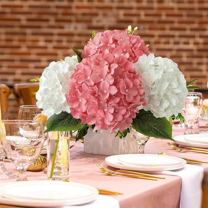 5Pcs 20Inch Large Pink Silk Hydrangea, Cameo Brown Lifelike Artificial Flower Heads with Stems Fake Hydrangeas Flowers for DIY Wedding Baby Showers Centerpiece Home Decor