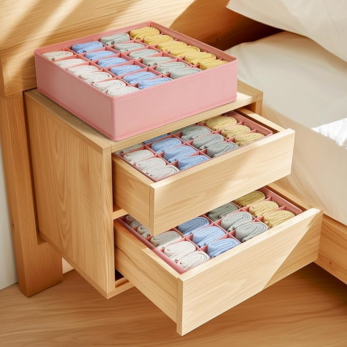 Joyoldelf Sock Organizer Drawer Organizer - Underwear Organizer, 24 Cell Collapsible Closet Organizers and Storage Sock Holders Organizers for Storing Socks, Ties, Belts 6 Pack Pink
