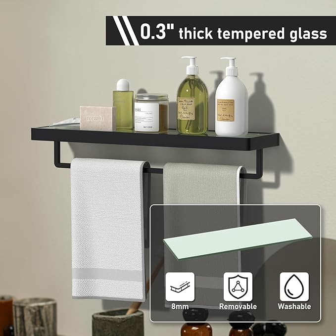 Floating Glass Shelves for Bathroom Glass Shelves 20-in with Towel Bar/Tempered Glass Rectangular 1 Tier Organizer Shelf (Matte Black, 20'')