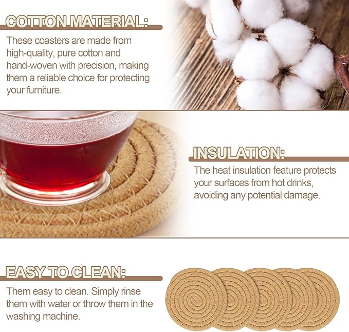 Vivinin 10 Boho Cotton Coasters - Absorbent Coasters for Drinks, Brown Set for Room Decor, Bar, Housewarming Gift, 4.3"