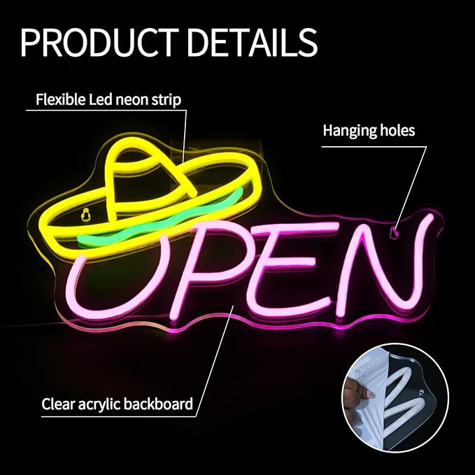 Open Neon Sign for Wall Decor Dimmable Led Lights Signs Open Signs for Business Yellow Neon Light Pink Room Decor for Tacos Shop Bar Party Stores Hotel Restaurant Gift USB Powered