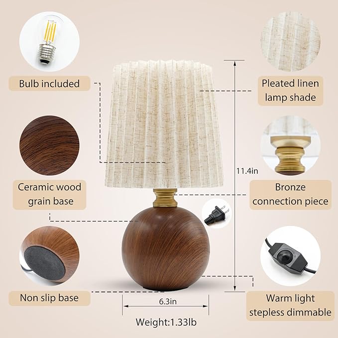 Small Pleated Table Lamp Set of 2 for Bedroom, Mini Bedside Lamps for Nightstand with Round Fabric Linen Shade, Dimmable Desk Lamp, Cute Table Lamps for Small Spaces for Living Room, Kids Room