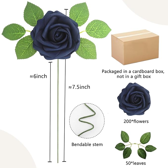 200PCS Navy Blue Artificial Flowers Roses Real Looking Foam Fake Roses with Leaves and for DIY Wedding Bouquets Bridal Shower Centerpieces Party Decorations (Navy Blue, 200)