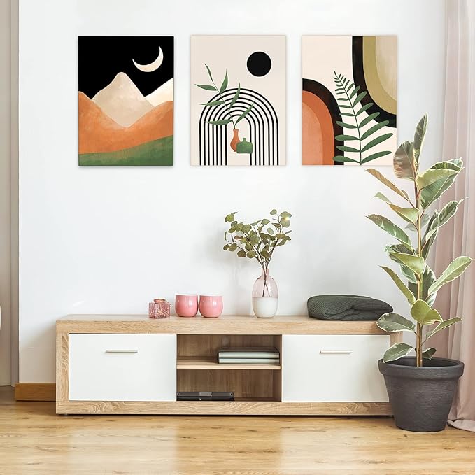 Gisipameis Framed Boho Wall Art Set of 3, Mid Century Modern Decor, Minimalist Black Beige Botanical Bathroom Wall Art 12" x 16" Canvas Prints Ready To Hang for Bedroom Living Room