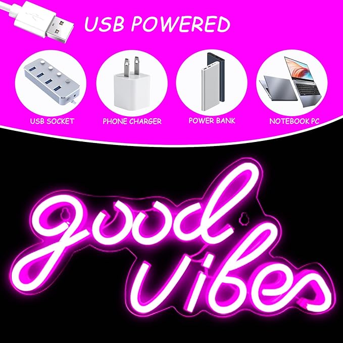 Good Vibes Neon Sign, LED Neon Signs for Wall Decor, Pink Neon Lights for Bedroom & Party Art Decor, USB Powered Bright Neon Light for Lover, Friends