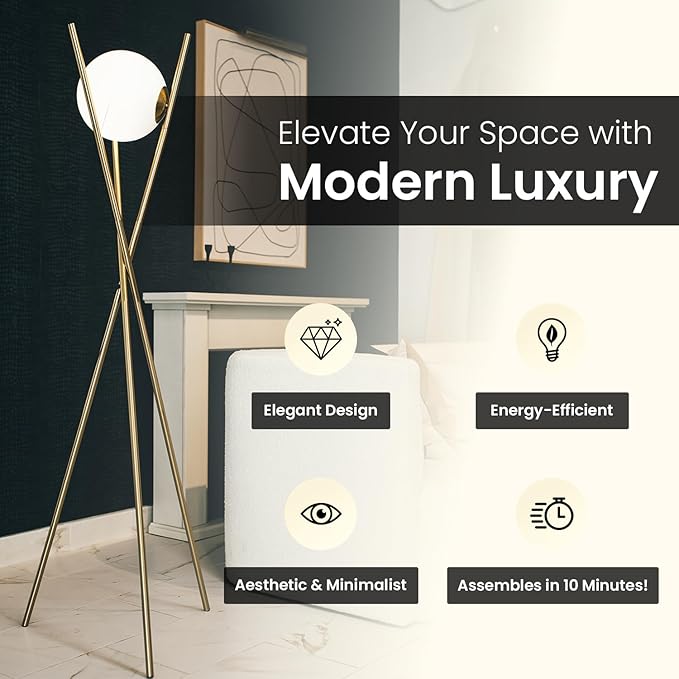 Solstice Modern Frosted Glass Globe Floor Lamp (165cm) Contemporary LED Dimmable Lighting for Bedroom, Living Room, Hotel & Home Office (Gold)