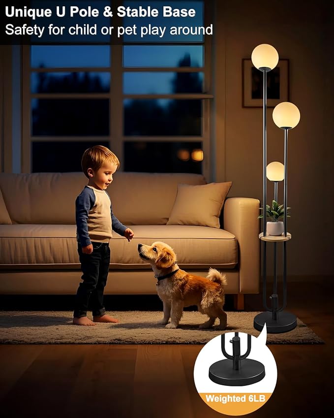 63IN Dimmable Floor Lamp with Shelf, Unique Globe Black Tall Standing Lamps with 3 Poles, 3000K Warmwhite Mid Century Modern Floor Lamp for Living Room Home Office(Bulbs Included)