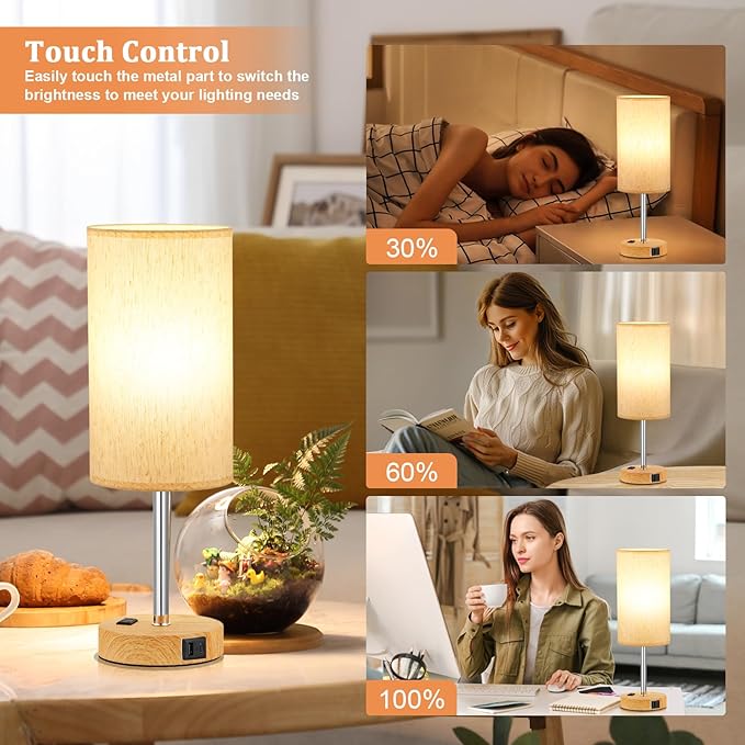 17.4Inches Tall Touch Bedside Table Lamps Set - 3 Way Dimmable Bedroom Lamp with USB C Ports, Small Desk Lamps for Nightstand with AC Outlet for Dorm/Bathroom/Kitchen/Living Room