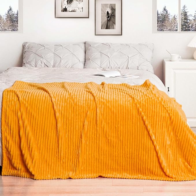 Vessia Flannel Fleece Throw Blanket for Couch,Sofa,Bed(50x70inch), 300GSM Microfiber Orange Striped Chair Blanket for Adults and Kids, Super Soft Warm Cozy Lightweight Ribbed Throw for All-Season