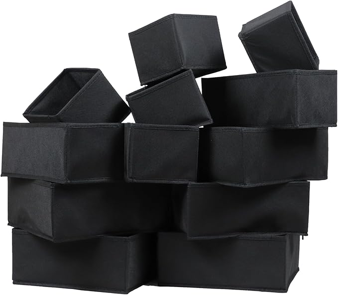 12 Pack Drawer Organizers for Clothing, Foldable Clothes Drawer Organizer for Underwear, Folded Clothes, Baby Clothing, Socks, Bra, Towels, Ties - Multi-pack Storage Box (Black)