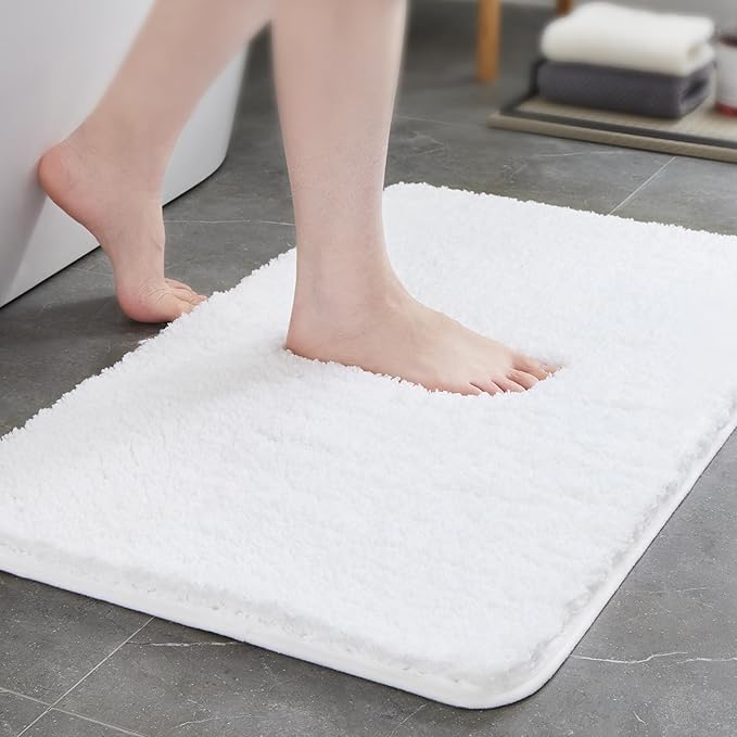 TECHMILLY Non-Slip Bathroom Rugs Sets 2 Piece, Fluffy Soft Luxury Microfiber Shower Mat, Absorbent, Washable & Quick Dry for Bath Floor, White