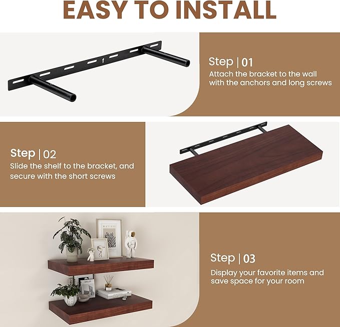 Fun Memories Rustic Floating Shelves for Home Decor, 8 Inch Deep Floating Shelf, Solid Wood Floating Wall Shelves 24 Inch Long, Deep Wall Shelves for Bathroom, Living Room, Walnut Finsh, Set of 2