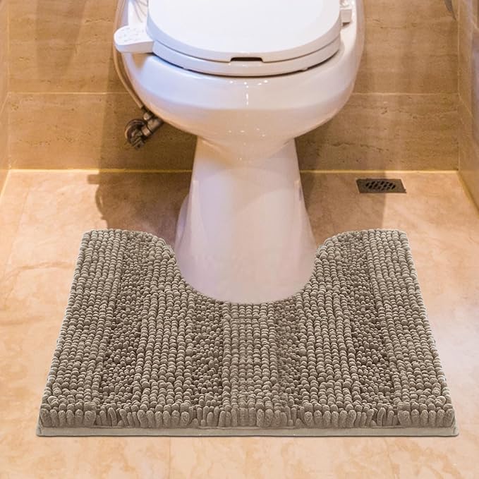 ACCUMTEK Striped Dark Beige Toilet Bathroom Rug Mat 24" x 20" Contour Rug Ultra Soft, Non Slip Chenille Bath Rugs, Absorbent Plush Shaggy Bath Mats for Bathroom, Bedroom, Kitchen, Shower, Tub,Taupe