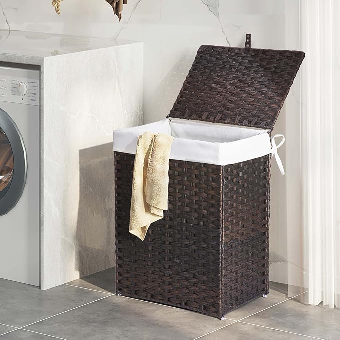 Greenstell Laundry Hamper with Lid, 90L Clothes Hamper with 2 Removable Liner Bags & 2 Mesh Laundry Bags, Handwoven Synthetic Rattan Laundry Basket for Clothes, Toys in Bathroom, Bedroom Brown