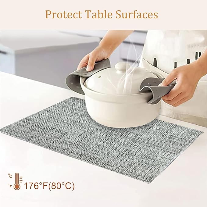 DACHUI Placemats Set of 4, Linen Look Woven Place Mats, Water Resistant, Heat Resistant, Washable, Durable Table Mats (Light Grey)