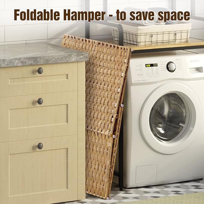 Greenstell Laundry Hamper with lid, No Install Needed, 110L Wicker Laundry Baskets Foldable 2 Removable Liner Bags, 2 Section Clothes Hamper Handwoven Rattan Laundry Basket with Handles, Natural