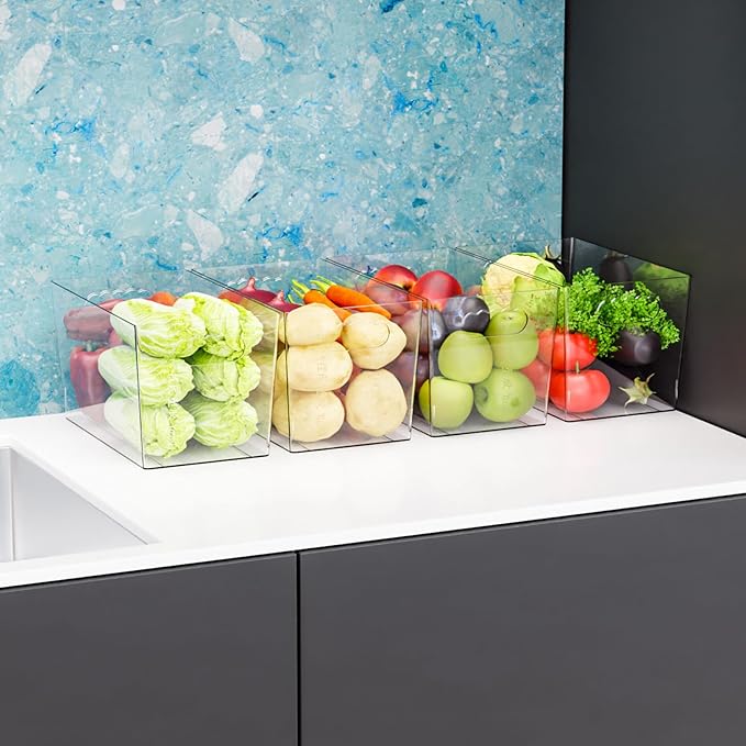 6 Pack Clear Plastic Storage Bins for Freezer,Pantry Storage Containers,11″ Large Snack,Food Storage Bins with Handle for Shelves,Refrigerator,Kitchen,Cabinet,Acrylic Bins for Cleaning Supply Storage