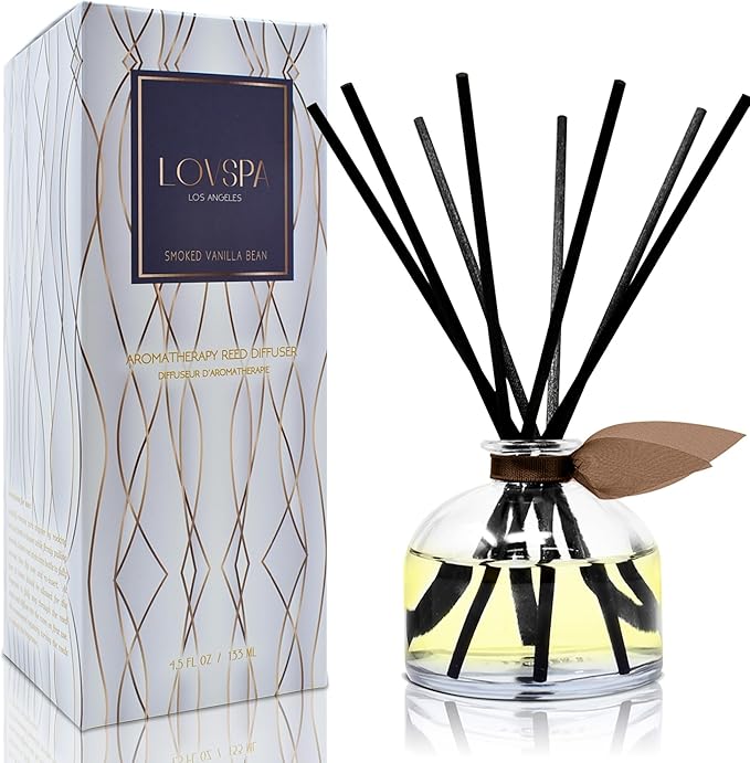 LOVSPA Smoked Vanilla Bean Reed Diffuser Refill, 4 oz, Bundle with Smoked Vanilla Bean Reed Diffuser Set - Made with Essential Oils in The USA