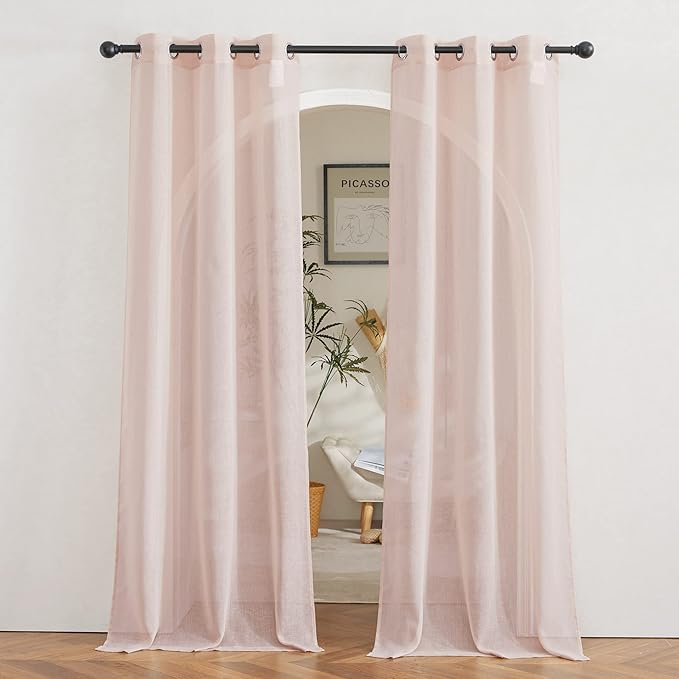 NICETOWN Linen Textured Semi Sheer Bedroom Curtains, Grommet Top Casual 84" Long Thick Semitransparent Flax Sheer Window Treatment Privacy for Nursery, 1 Panel = 36" W, 2 Panels, Dusty Blush
