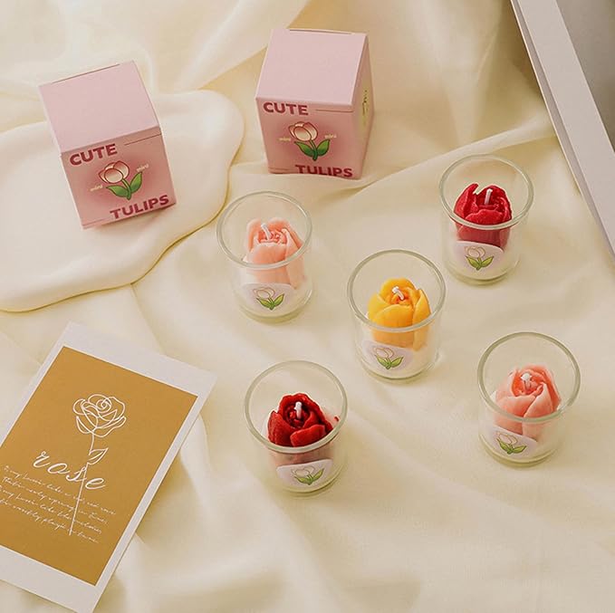 Tulip Flower Healing Scented Candle Glass Jar,110G Handmade Flower Bouquet Scented Soy Wax Aroma Decorative Candle for Table Photo Prop Gift,Prefect for Meditation Stress Relief Mood (Red)