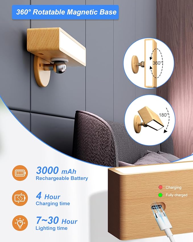 YiLaie Battery Operated Wall Sconce with Remote,Wall Sconces Set of 2,Wall Lights for Bedroom Wireless, Rotatable Cordless Wall Lamp with 3 Color Temperature for Bedroom,Living Room,Bedside Reading