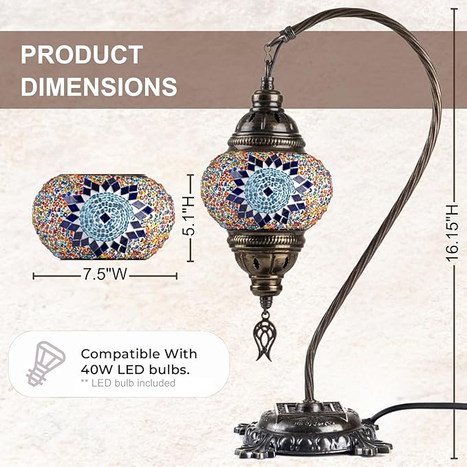 Kafthan Turkish Moroccan Mosaic Lamp – Handmade Glass Swan Neck Bedside Lamp with Antique Brass Base, Ideal Decor for Bedroom, Office, Living Room – Bulb Included (Blue & Navy Circles)