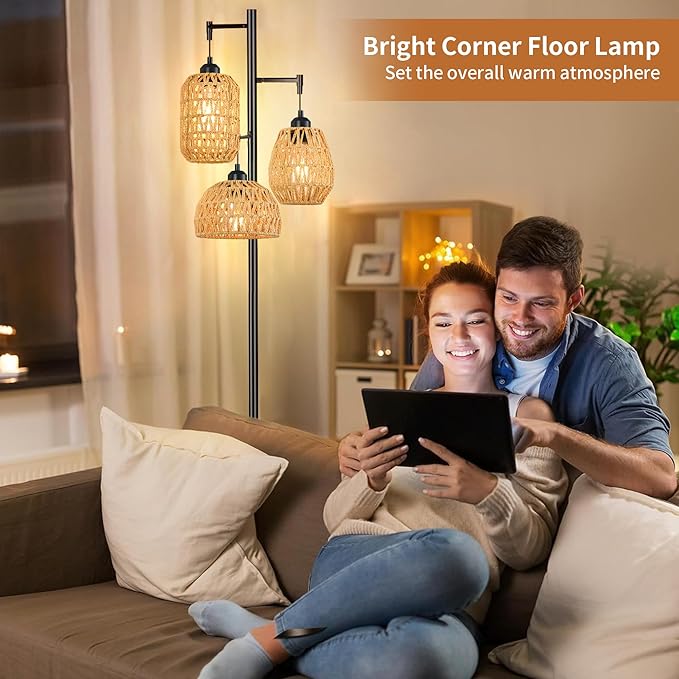 Boho Floor Lamp for Living Room Bedroom - Farmhouse 3 Rattan Wicker Shades, Rustic Black Vintage Standing Light 68" Tall Tree for Office, Reading, Corner