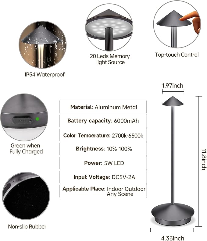 Portable Cordless Table Lamp Modern Led Desk Lamp Rechargeable 2 Pack, 6000mAh Battery Table Light for Dinning Patio Bedroom Camping Coffee shop Restaurant, IP54 Waterproof, Dimmable 3 Light Color