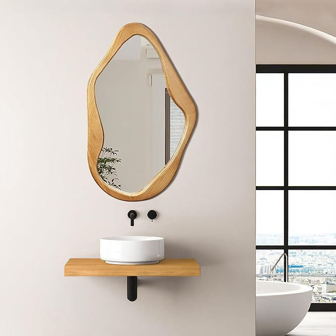 LuxenHome Asymmetrical Wall Mirror with Natural Pine Wood Frame,Irregular Wall Mirror for Living Room,Entryway,Bedroom,Decorative Mirror,Bathroom Mirror, Wood Wall Mounted Mirror